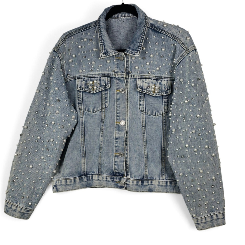 Denim Jacket Womens LRG? Pearl Rhinestone Light Blue Embellished EUC Unbranded